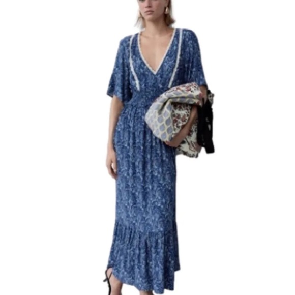 Zara Floral-Print Flutter-Sleeve Smocked-Waist Ruffled Midi Dress Small - Picture 5 of 9